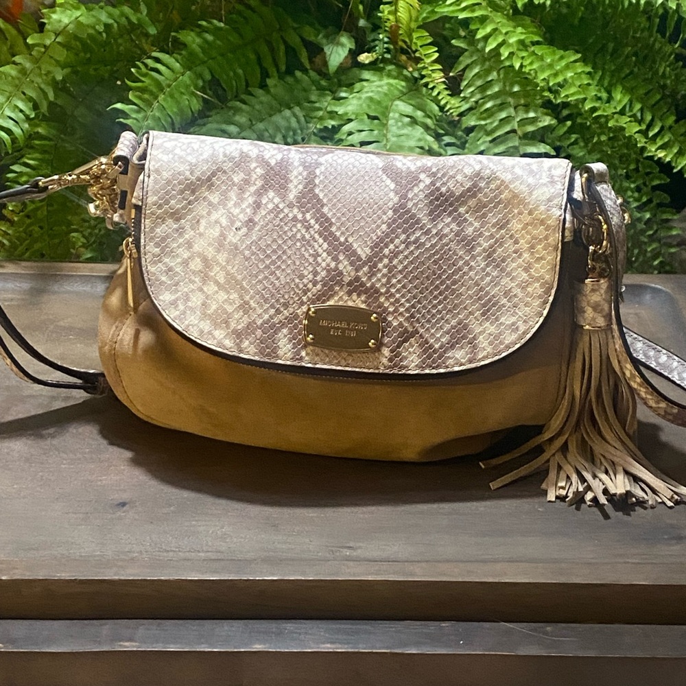 Michael Kors Tan and Gray Snake Print Crossbody Bag